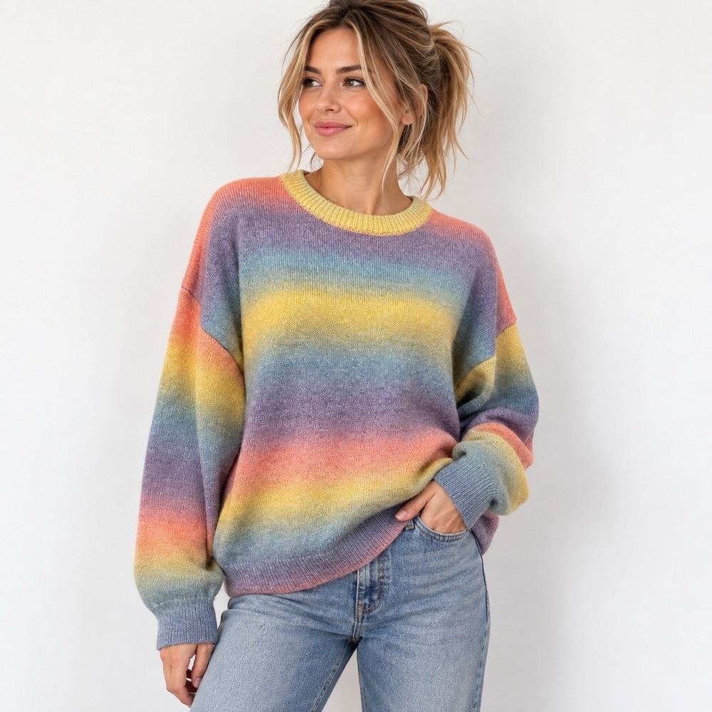 Rainbow Ombre Striped Sweater Size L Crewneck Pullover Festival Boho Casual